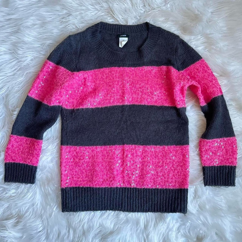 J Crew Grey/Pink Striped Sweater with Sequins Wool Mohair Blend